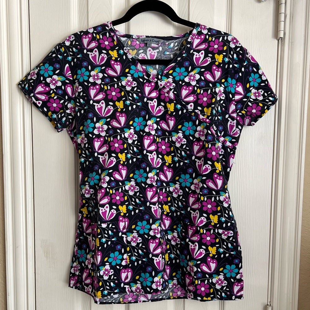 Colorful butterfly and flower v-neck scrub top
